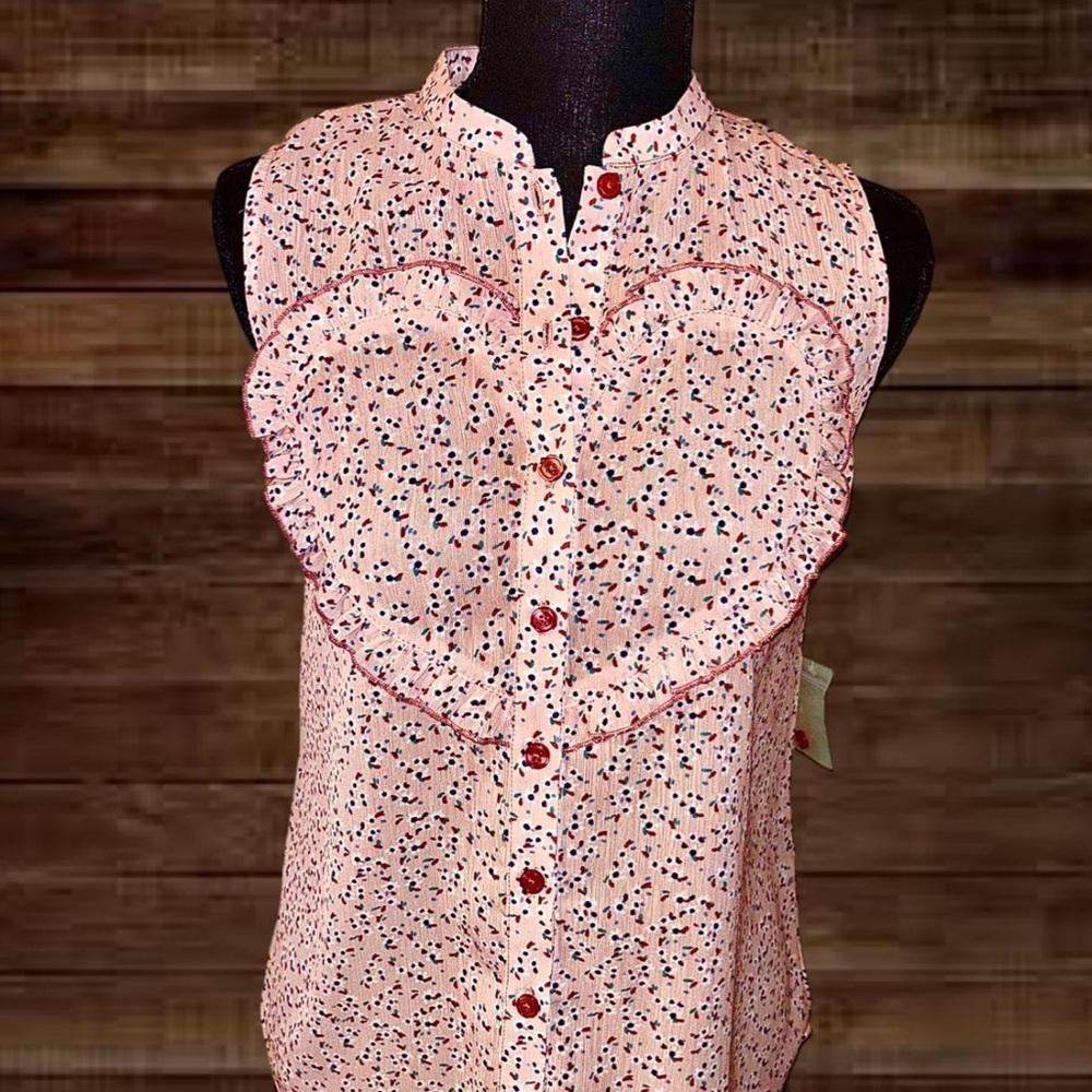 Modcloth Pink Heart Blouse with Red Buttons
